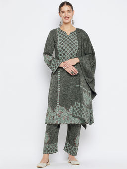 ZIGO - Women Winterwear Printed B Green Kurta & Pant with Shawl (Set of 3)