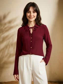 Globus - Maroon Collared Tie-Up Curved Hem Shirt