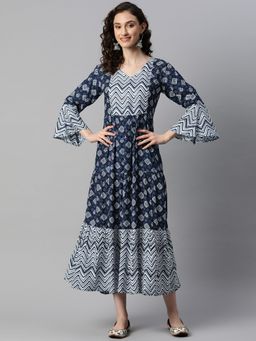 Indibelle - Rayon Blue Indigo Abstract Print Flared Dress