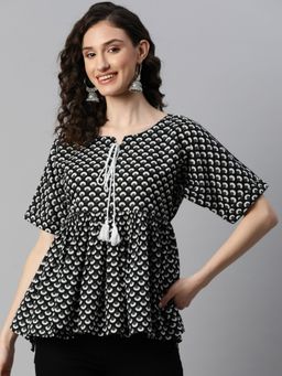 Indibelle - Cotton Black Booti Print Flared Top