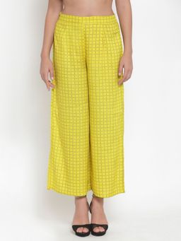 Indibelle - Neyon Yellow Rayon Checks Foil Print A-Line Palazzos