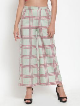 Indibelle - Sea Blue Cotton Flax Checks Print A-Line Palazzos