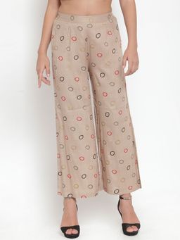 Indibelle - Beige Rayon Slub Circlre Print A-Line Palazzos