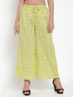 Indibelle - Lemon Yellow Cotton Strip Print A-Line Palazzos