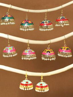 OOMPH - Green, Pink & Yellow Floral Meenakari Ethnic Jhumka Earrings (Combo of 5)
