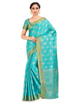 Mimosa - Turquoise Kanjivaram Style Art Silk Saree With Unstitched Blouse