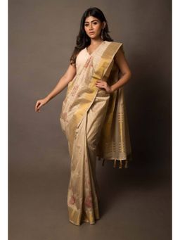 Unnati Silks - Beige Cross Stitched Embroidered Tussar Silk Saree with Unstitched Blouse