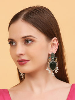 Auraa Trends - Green Antique Gold Plated Ethnic Drop Earrings For Women