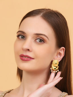 Auraa Trends - Gold-Plated Peacock Design Stud With Green Stone & Pearl Drops For Women