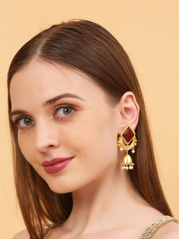 Auraa Trends - Gold-Plated Kundan Red Stone Chand Bali Jhumka For Women