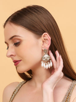 Auraa Trends - White Elegant Gold-Plated Pearl & Teardrop Stone Drop Earrings For Women