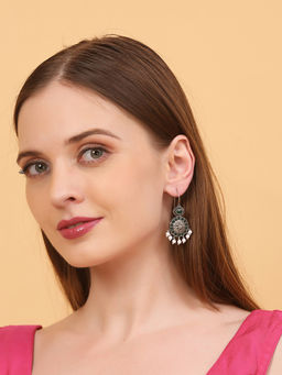 Auraa Trends - Oxidised Silver-Plated Green Stone & Pearl Drop Earrings For Women