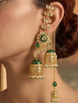 Auraa Trends - Green Kundan Peacock Jhumka Earrings With Ear Chain Bridal Gold-Plated Earrings