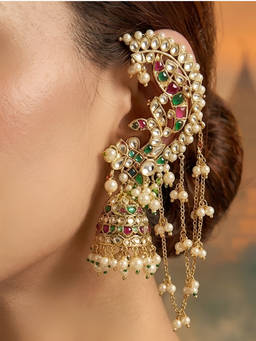 Auraa Trends - Multi-Colour Designer Ear Cuff Jhumka Earrings With Pearl Chains