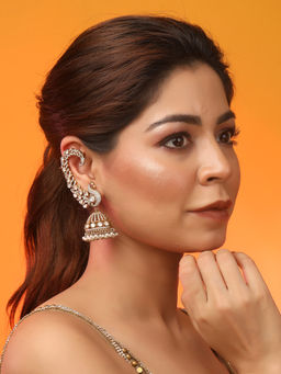 Auraa Trends - White Gold-Plated Peacock Kundan Jhumka Earrings With Pearl Drops