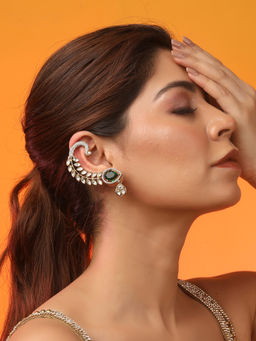 Auraa Trends - Luxury Gold Ear Climber Ear Cuff With Green Teardrop Stone & Crystal Leaf Design