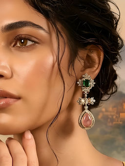 Auraa Trends - Gold-Plated Pink & Emerald Green Stone Drop Earrings For Women