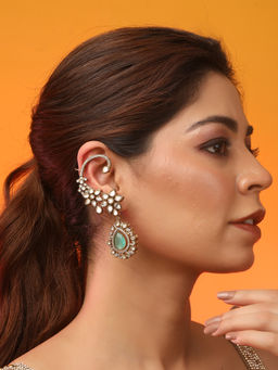 Auraa Trends - Gold Ear Cuff With Mint Green Teardrop Stone & Crystal Detailing