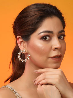 Auraa Trends - White Luxury Gold Ear Climber Hoop Earrings With Diamond Pave & Teardrop Stones