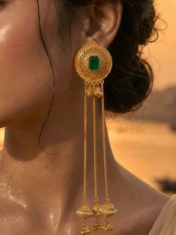 Auraa Trends - Green Traditional Gold Plated Long Chain Drop Tassel Earrings For Women