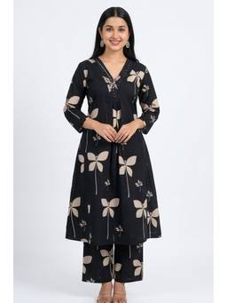 KAPLY - Black Floral Printed Pleated A-Line Kurta with Pant