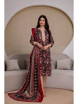KAPLY - Black Paisley Printed Cotton Straight Kurta with Pant and Dupatta