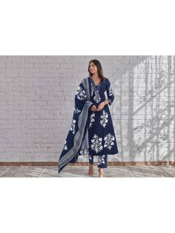 KAPLY - Navy Blue Floral Printed Flared Kurta with Pant and Dupatta