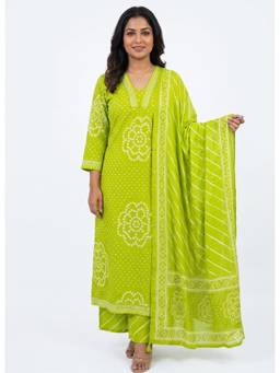 KAPLY - Parrot Green Printed V-Neck Kurta with Palazzo and Dupatta