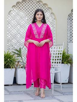 Zari Jaipur - Pink Embroidered Crop Top and Kaftan with Pant