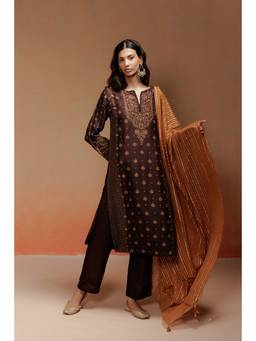 LABEL NAARITI - Ahara Brown Silk Embroidered Kurta and Pant with Dupatta