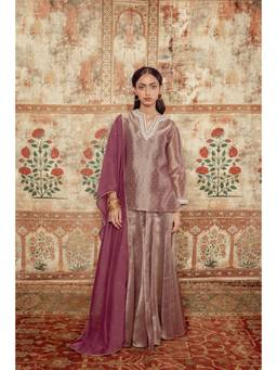 LABEL NAARITI - Safeena Purple Tissue Embroidered Kurta and Sharara with Dupatta