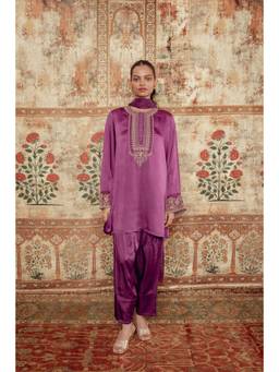 LABEL NAARITI - Arsheya Purple Satin Embroidered Kurta and Salwar with Dupatta