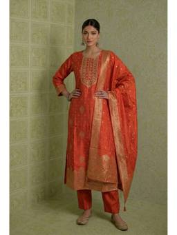 Zari Jaipur - Orange Embroidered Kurta and Pant with Dupatta