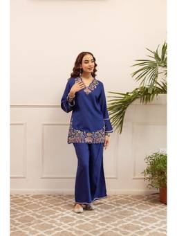 KAPLY - Blue Kashmiri Embroidered Short Kurti with Palazzo