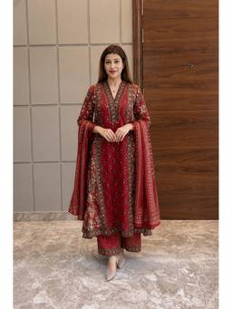 KAPLY - Red Printed Anarkali Kurta with Palazzos and Dupatta