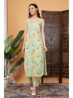 Khaka-The Chikankari Heritage - Green Mulmul Printed Kurta with Pant