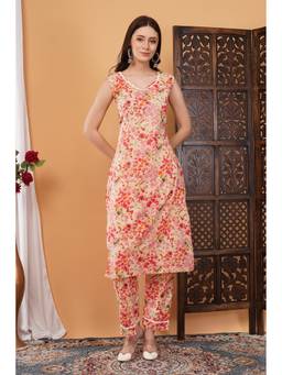 Khaka-The Chikankari Heritage - Red Mulmul Printed Kurta with Pant