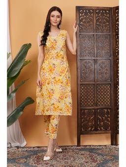 Khaka-The Chikankari Heritage - Yellow Mulmul Printed Kurta with Pant