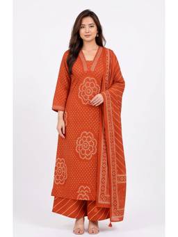 KAPLY - Orange Printed V-Neck Kurta with Palazzo and Dupatta