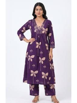 KAPLY - Purple Floral Printed Pleated A-Line Kurta with Pant