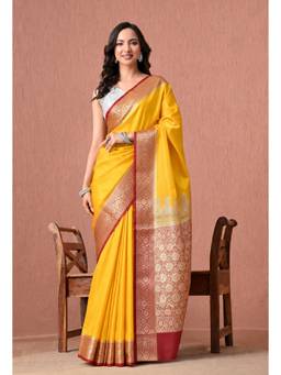 THE WEAVERS SHOP BY RAAVI - Bright Yellow Silk Blend Zari Woven Saree