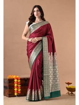 THE WEAVERS SHOP BY RAAVI - Maroon Silk Blend Zari Woven Saree