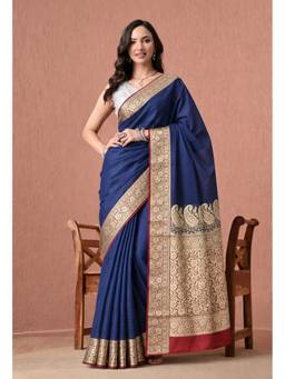 THE WEAVERS SHOP BY RAAVI - Royal Navy Blue Silk Blend Zari Woven Saree