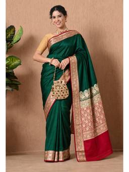 THE WEAVERS SHOP BY RAAVI - Emerald Green Silk Blend Zari Woven Saree