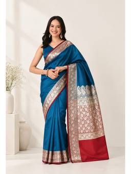 THE WEAVERS SHOP BY RAAVI - Blue Silk Blend Zari Woven Saree