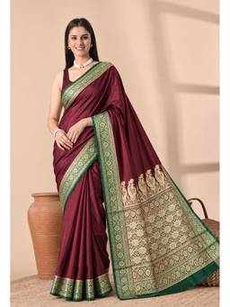 THE WEAVERS SHOP BY RAAVI - Elegant Maroon Silk Blend Woven Saree