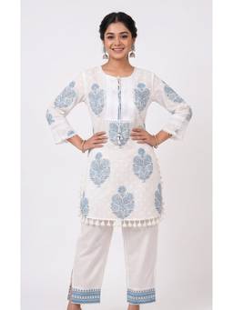 KAPLY - White Floral Boota Embroidered Kurti with Pant