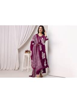KAPLY - Purple Floral Printed Flared Cotton Kurta with Pant and Dupatta