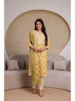 KAPLY - Yellow Floral Printed Cotton Straight Kurta with Pant and Dupatta