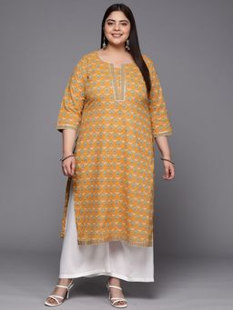 Extra love by Libas - Plus Size Women Yellow Printed Cotton Straight Kurtas for Women